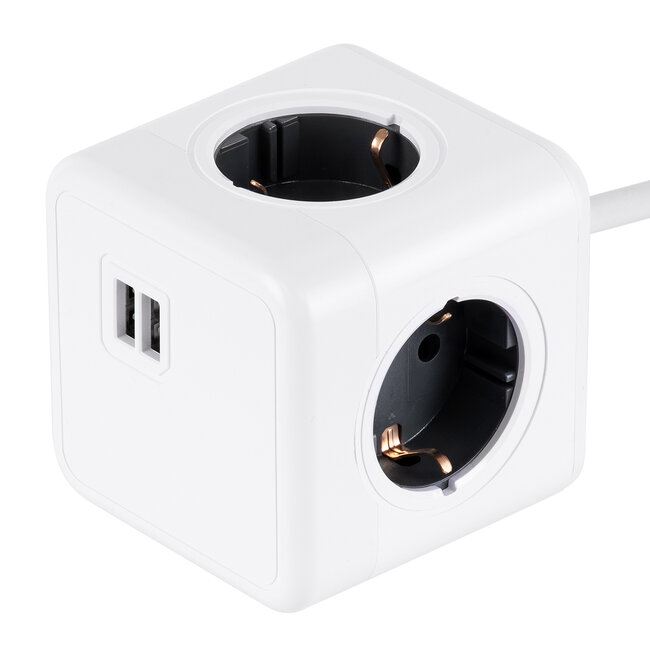 TRAVEL PowerCube PRO Certified 79639 Πολύπριζο 6 Θέσεων με 1.5m Kαλώδιο - 4 Πρίζες Ασφαλείας Childproof EU Schuko AC 220-240V & 2 Πρίζες USB Max 2.1A/DC 5V Μ7.5 x Π7.5 x Υ7.5 - Λευκό με Γκρι - Max Load 3680W/16A - 2