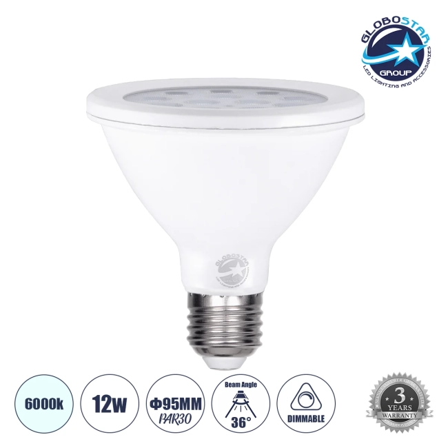  SPOTPAR 60084 Σποτ E27 PAR30 LED 12W 1200lm 36° AC 220-240V IP20 Ψυχρό Λευκό 6000K - Μ9.5 x Π9.5 x Υ9.5cm - 3 Χρόνια Εγγύηση