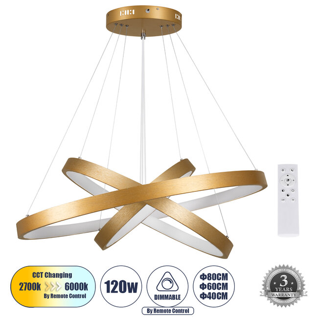 NEMESIS TRIO 61172-DECO Κρεμαστό Φωτιστικό Δαχτυλίδι-Κύκλος LED CCT 120W 14723lm 360° AC 220-240V - Εναλλαγή Φωτισμού μέσω Τηλεχειριστηρίου All In One Ψυχρό 6000k+Φυσικό 4500k+Θερμό 2700k Dimmable Φ40+60+80cm - Χρυσό Βούρτσας - 1