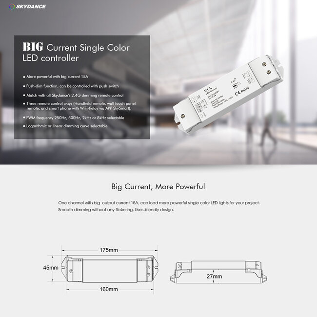 71568 V1-L SKYDANCE DC RF 2.4Ghz Dimmer High Speed Controller & Push Dimming 1 Κανάλι DC 12-48V 1 x 15A 480W - Max 15A 480W - IP20 Μ17.5 x Π4.5 x Υ2.5cm - 5 Years Warranty - 9