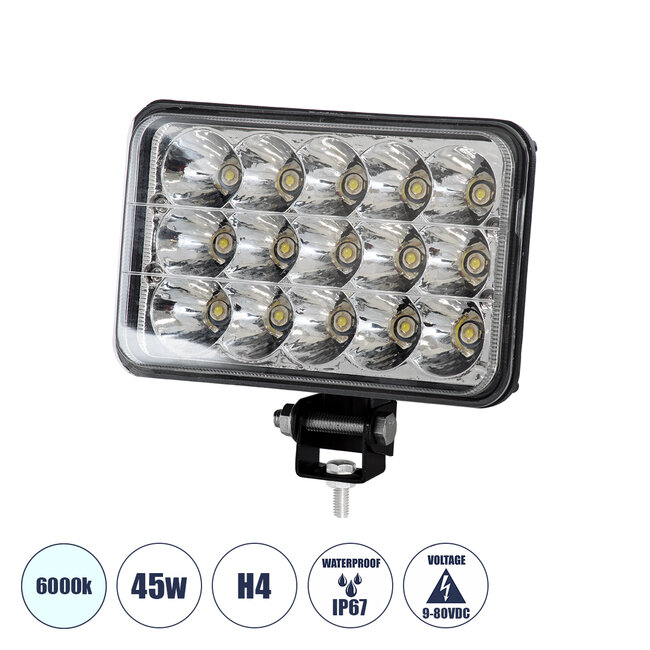 85420 Vehicle & Forklift Work Lights - Φώτα Εργασίας για Οχήματα Περονοφόρα - Κλάρκ H4 H/L LED 45W DC 9-80V Αδιάβροχο IP67 Ψυχρό Λευκό 6000K Μ20.5 x Π13.5 x Υ6.5cm