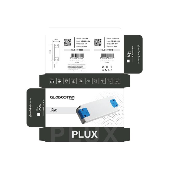 PLUX GLB-107-0009 Τροφοδοτικό/Μετασχηματιστής Class II SELV 12W 1A AC 220-240V σε DC 12V IP20 - Λευκό Ματ - Μ9.9 x Π4.6 x Υ1.1cm - 3 Χρόνια Εγγύηση - 7