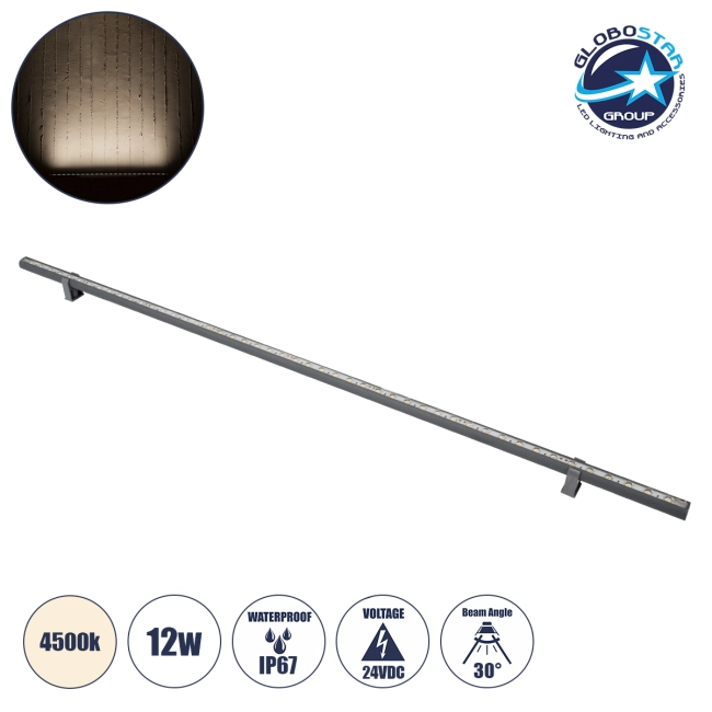 WASHERSTELLAR 90576 Μπάρα Φωτισμού Wall Washer LED 12W 1380lm 30° DC 24V Αδιάβροχο IP67 Φυσικό Λευκό 4500K Dimmable - Bridgelux SMD Chip - Γκρι Ανθρακί - Μ100 x Π2 x Υ1.8cm - 3 Χρόνια Εγγύηση