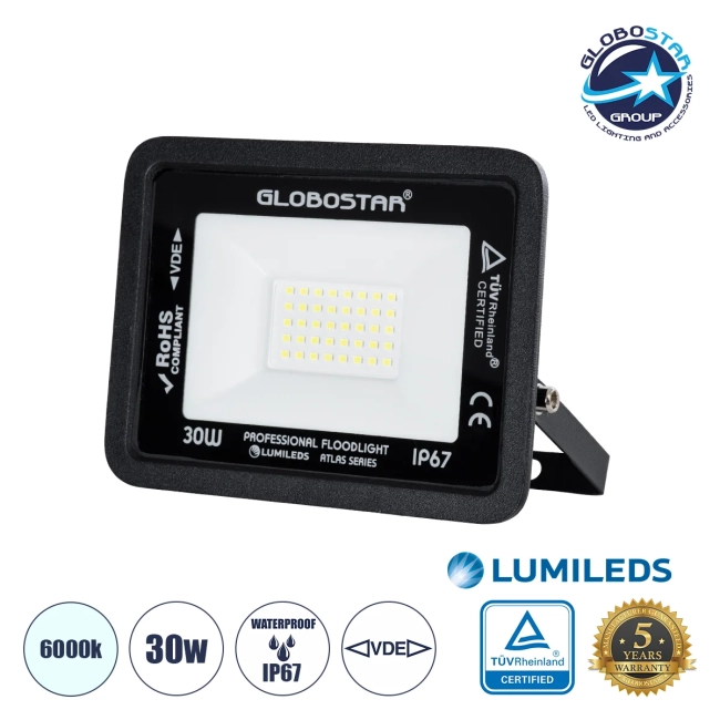  ATLAS 61416 Προβολέας LED 30W 3750lm 120° AC 220-240V Αδιάβροχο IP67 Ψυχρό Λευκό 6000K - Lumileds SMD Chip - TÜV Rheinland Certified - Μαύρο Ματ - Μ16 x Π2.5 x Υ12.5cm - 5 Χρόνια Εγγύηση