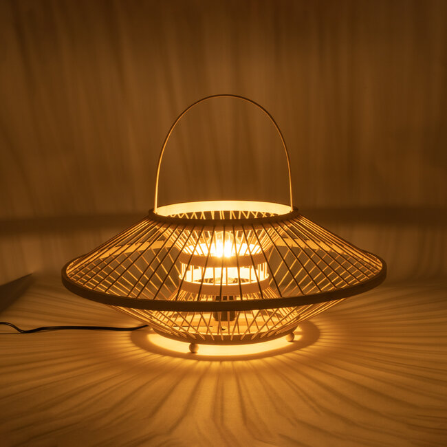 SOREN 02005 Boho Επιτραπέζιο Φωτιστικό Μονόφωτο 1 x E27 AC220-240V IP20 - Φ50 x Υ18cm - Μπεζ Ξύλινο Μπαμπού Πλέγμα - 5 Χρόνια Εγγύηση