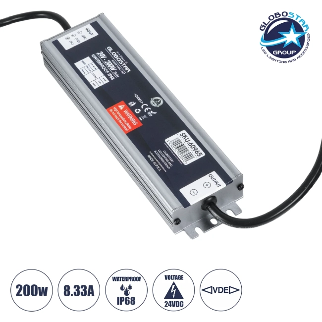  LUMISPLASH 60965 Τροφοδοτικό/Μετασχηματιστής Class II SELV 200W 8.33A DC 24V Αδιάβροχο IP68 - AC 220-240V σε DC 24V - Μ21.5 x Π5.5 x Υ2.5cm - 3 Χρόνια Εγγύηση