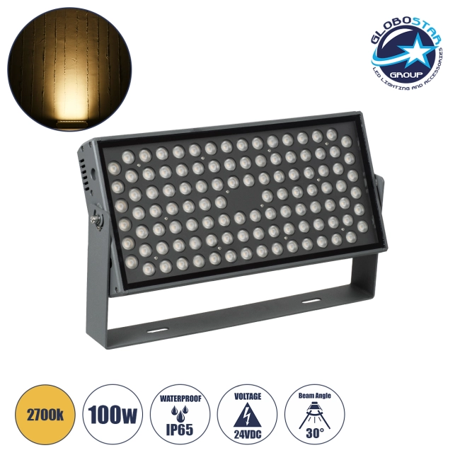 FLOODZANA 90558 Προβολέας Σποτ Wall Washer LED 100W 9000lm 30° DC 24V Αδιάβροχο IP65 Θερμό Λευκό 2700K Dimmable - Bridgelux SMD Chip - Γκρι Ανθρακί - Μ45.5 x Π28 x Υ10cm - 3 Χρόνια Εγγύηση