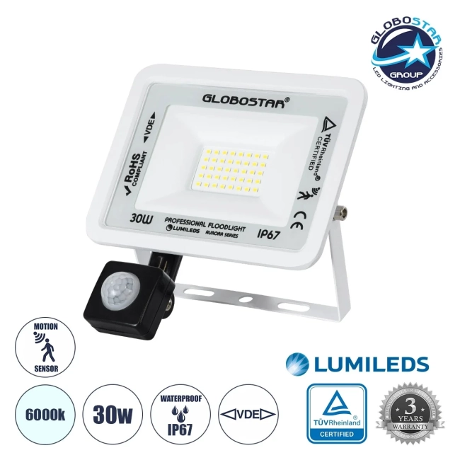  AURORA 64440 Προβολέας με Ανιχνευτή PIR / Αισθητήρα Κίνησης LED 30W 3750lm 120° AC 220-240V Αδιάβροχο IP67 Ψυχρό Λευκό 6000K - Lumileds SMD Chip - TÜV Rheinland Certified - Λευκό Ματ - Μ16 x Π5 x Υ17.5cm - 3 Χρόνια Εγγύηση