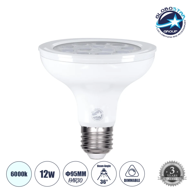  SPOTPAR 60090 Σποτ E27 PAR30 LED 12W 1200lm 36° AC 220-240V IP20 Ψυχρό Λευκό 6000K Dimmable - Μ9.5 x Π9.5 x Υ9.5cm - 3 Χρόνια Εγγύηση