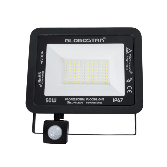  AURORA 61441 Προβολέας με Ανιχνευτή PIR / Αισθητήρα Κίνησης LED 50W 6250lm 120° AC 220-240V Αδιάβροχο IP67 Ψυχρό Λευκό 6000K - Lumileds SMD Chip - TÜV Rheinland Certified - Μαύρο Ματ - Μ21 x Π5 x Υ21cm - 3 Χρόνια Εγγύηση