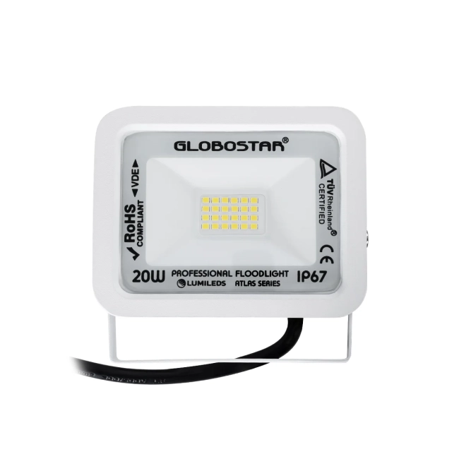  ATLAS 61408 Προβολέας LED 20W 2400lm 120° AC 220-240V Αδιάβροχο IP67 Φυσικό Λευκό 4500K - Lumileds SMD Chip - TÜV Rheinland Certified - Λευκό Ματ - Μ12 x Π2.5 x Υ9.5cm - 5 Χρόνια Εγγύηση