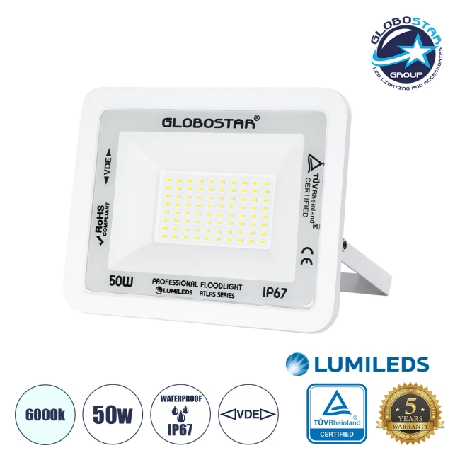  ATLAS 61419 Προβολέας LED 50W 6250lm 120° AC 220-240V Αδιάβροχο IP67 Ψυχρό Λευκό 6000K - Lumileds SMD Chip - TÜV Rheinland Certified - Λευκό Ματ - Μ21 x Π3.5 x Υ16cm - 5 Χρόνια Εγγύηση
