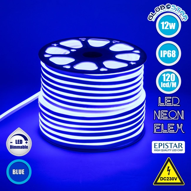 NEOVALE 70575 Ταινία Neon Flex LED 12W/m 600lm/m 120° DC 220-240V Αδιάβροχο IP65 120 x SMD2835 Chip/m Μπλε Dimmable - Sanan SMD Chip - Μ100 x Π0.8 x Υ1.6cm - 3 Χρόνια Εγγύηση