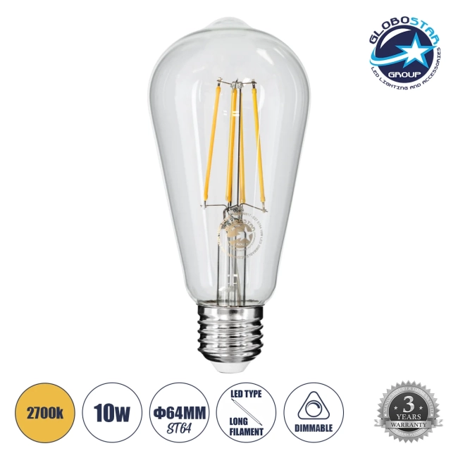 PEAR 99017 Λάμπα E27 ST64 LED 10W 1000lm 360° AC 220-240V IP20 Θερμό Λευκό 2700K Dimmable - Long Filament Chip - Διάφανο - Μ6.4 x Π6.4 x Υ14cm - 3 Χρόνια Εγγύηση