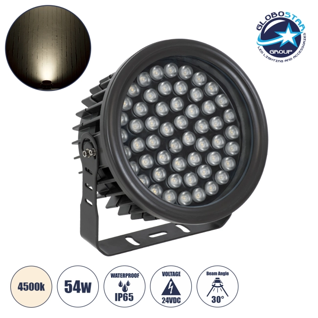 FLOODNEVA 90399 Προβολέας Σποτ Wall Washer LED 54W 5130lm 30° DC 24V Αδιάβροχο IP65 Φυσικό Λευκό 4500K Dimmable - Bridgelux SMD Chip - Μαύρο - Μ24.5 x Π24.5 x Υ14.7cm - 3 Χρόνια Εγγύηση