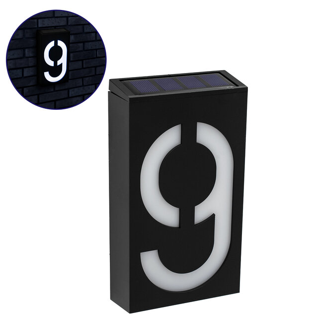 71519 Αυτόνομο Ηλιακό Φωτιστικό LED SMD 1W 100 lm με Ενσωματωμένη Μπαταρία 1000mAh - Φωτοβολταϊκό Πάνελ με Αισθητήρα Ημέρας-Νύχτας για Αρίθμηση Δρόμου με Αριθμό 9 IP55 Ψυχρό Λευκό 6000k