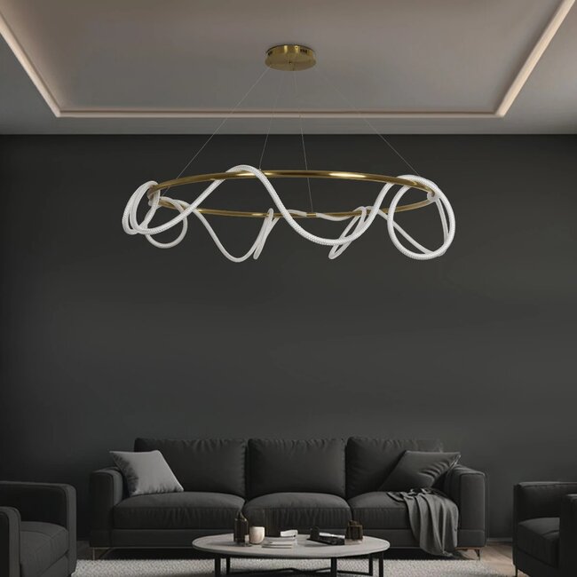 kelvo® GLOW KLV-101-0165 Κρεμαστό Φωτιστικό Οροφής LED 100W 10000lm 360° AC 220-240V IP20 Ρυθμιζόμενο Λευκό CCT με Χειριστήριο από 2700K έως 6000K Dimmable - Lumileds SMD Chip - Χρυσό Πλατίνα - Μ150 x Π150 x Υ100cm - 3 Χρόνια Εγγύηση