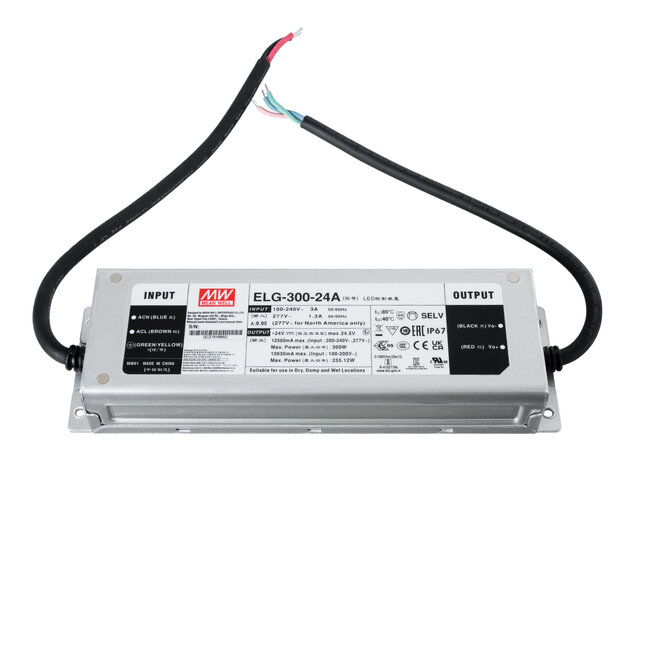 ELG-300-24A 90790 MEANWELL Αδιάβροχο Ρυθμιζόμενο Μεταλλικό Τροφοδοτικό SELV για Προϊόντα LED 300W 12.5A - AC 220-240V σε DC 24V - Ρυθμιζόμενο από 22.4VDC έως 25.6VDC - Αδιάβροχο IP67 Μ24.6 x Π7.7 x Υ3.95cm - 3 Years Warranty - 4