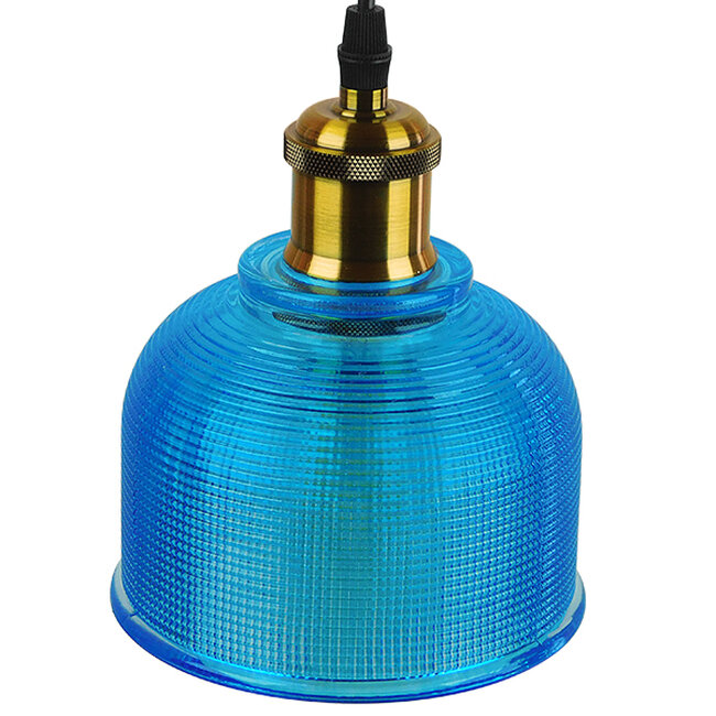 Vintage Κρεμαστό Φωτιστικό Οροφής Μονόφωτο Μπλε Γυάλινο Διάφανο Καμπάνα με Χρυσό Ντουί Φ14  SEGRETO BLUE 01452 - 4