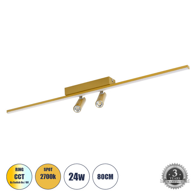BARETTI 61228 Φωτιστικό Οροφής Linear Design LED CCT με Κινούμενα Σποτ LED Downlight 24W 2688lm 160° & 45° AC 220-240V IP20  - Εναλλαγή Φωτισμού μέσω Διακόπτη On/Off All In One Ψυχρό 6000k+Φυσικό 4500k+Θερμό 2700k Dimmable - Μ80 x Π5.5 x Υ5 cm - Χρυσό - 3 Χρόνια Εγγύηση