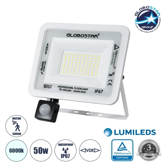  AURORA 61442 Προβολέας με Ανιχνευτή PIR / Αισθητήρα Κίνησης LED 50W 6250lm 120° AC 220-240V Αδιάβροχο IP67 Ψυχρό Λευκό 6000K - Lumileds SMD Chip - TÜV Rheinland Certified - Λευκό Ματ - Μ21 x Π5 x Υ21cm - 3 Χρόνια Εγγύηση