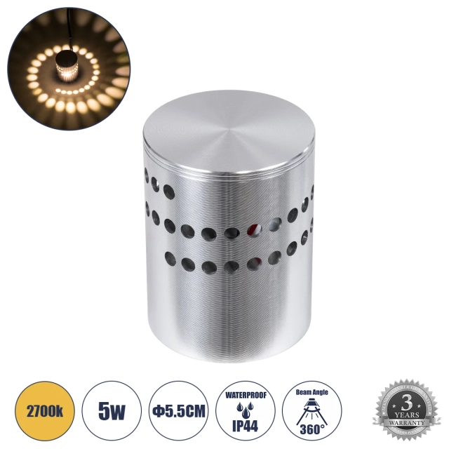  STAINS 60593 Μοντέρνο Φωτιστικό Τοίχου - Απλίκα LED 5W 350lm 180° AC 220-240V IP44 Θερμό Λευκό 2700K - Bridgelux SMD Chip Chip & TÜV SÜD Driver - Νίκελ Βούρτσας - Μ5.5 x Π5.5 x Υ7cm - 5 Χρόνια Εγγύηση