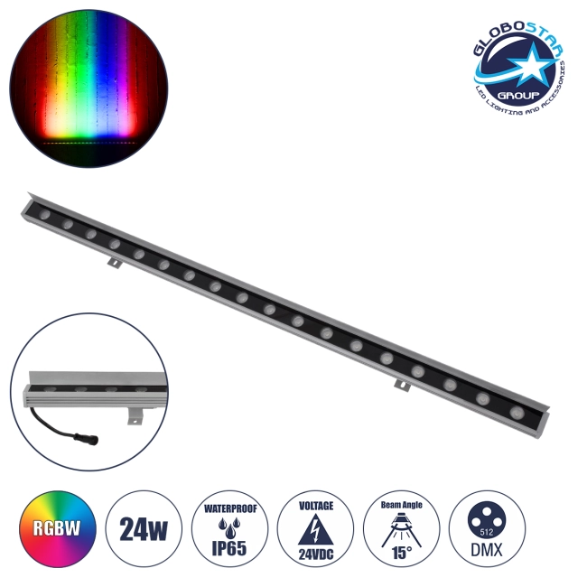 WASHERFAIA 90189 Μπάρα Φωτισμού Wall Washer με Αντιθαμβωτική Γρίλια LED 24W 2040lm 15° DC 24V Αδιάβροχο IP65 Πολύχρωμο RGBW Dimmable DMX512 - Bridgelux SMD Chip - Γκρι Ανθρακί - Μ100 x Π4 x Υ5.5cm - 3 Χρόνια Εγγύηση