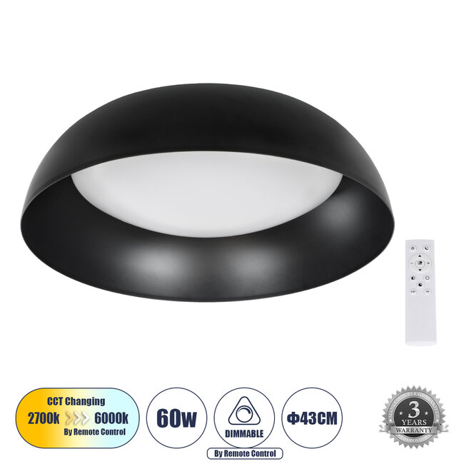 ANATOLIA 61261 Πλαφονιέρα Οροφής LED CCT 60W 6900lm 120° AC 220-240V - Εναλλαγή Φωτισμού μέσω Τηλεχειριστηρίου All In One Ψυχρό 6000k+Φυσικό 4500k+Θερμό 2700k Dimmable Φ43cm - Μαύρο - 1