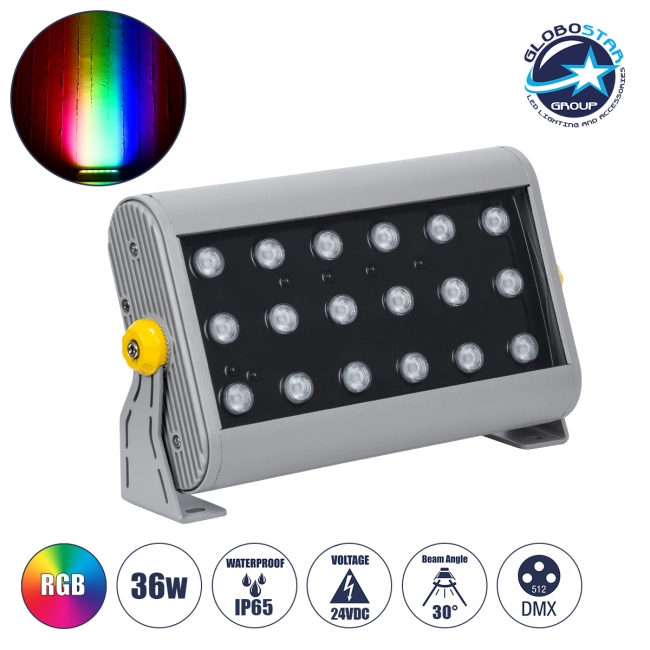 FLOODHENA 90642 Προβολέας Σποτ Wall Washer LED 36W 2880lm 30° DC 24V Αδιάβροχο IP65 Πολύχρωμο RGB Dimmable DMX512 - Bridgelux SMD Chip - Γκρι Ανθρακί - Μ30 x Π6 x Υ17cm - 3 Χρόνια Εγγύηση