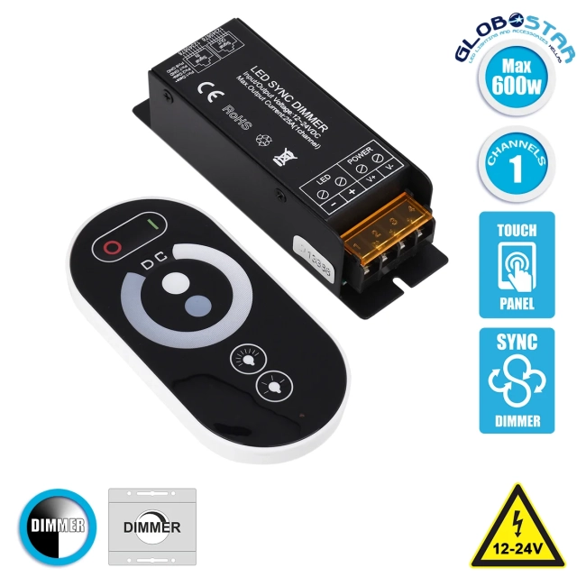 DIMMERIO 73312 Σετ Dimmer με RF Ασύρματο Χειριστήριο με 1 x 25A 600W Κανάλι DC 12-24V 25A 600W Max IP20 - RF2.4Ghz SYNC - Μ12.8 x Π4.1 x Υ3.4cm - 2 Χρόνια Εγγύηση
