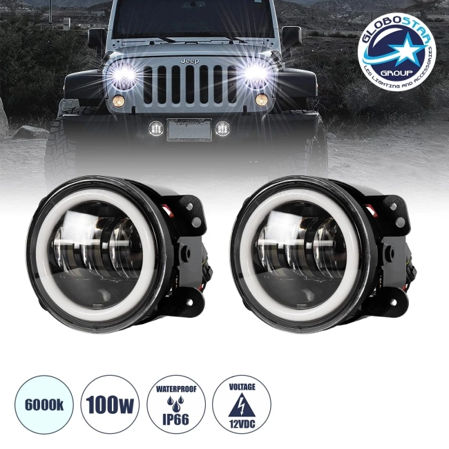 85418 Σετ 2 x Προβολείς Ομίχλης JEEP WRANGLER - MERCEDES BENZ G CLASS - LAND ROVER DEFENDER - HAMMER H1-H2 - 4 Ιντσών με Ring Light DRL LED CREE CXB COB 100W 7500lm DC 12V Αδιάβροχοι IP66 Ψυχρό Λευκό 6000K