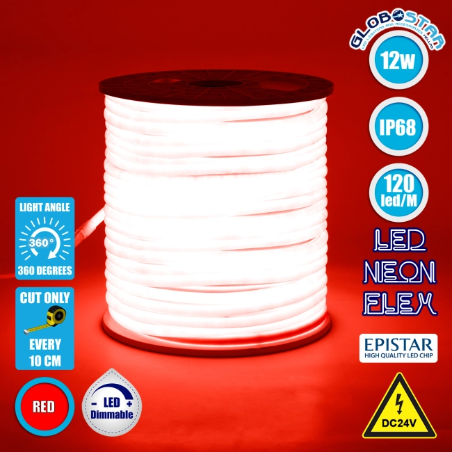 70583 TUBE 360° Degree Neon Flex Epistar LED SMD 2835 1m 12W/m 120LED/m 1212lm/m 360° DC 24V Αδιάβροχη IP68 Κόκκινο Dimmable