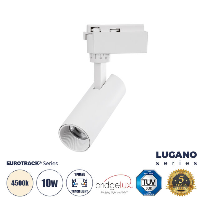 LUGANO 60801 Μονοφασικό Φωτιστικό Σποτ Ράγας LED 10W 1250lm 36° Acrylic HQ LENS AC 220-240V IP20 Φ4.5 x Υ19cm Φυσικό Λευκό 4500K - EUROTRACKSystem 1L+1N - Λευκό - Bridgelux Chip - TÜV Certified Driver - 5 Χρόνια Εγγύηση