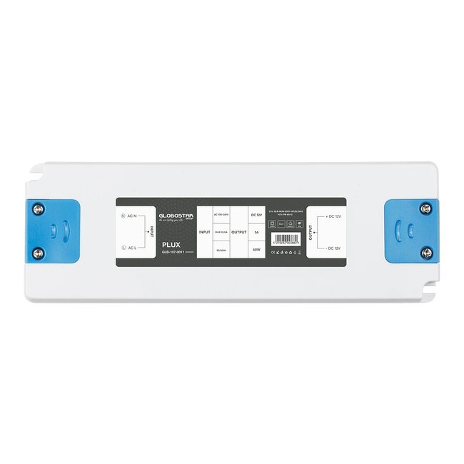 PLUX GLB-107-0011 Τροφοδοτικό/Μετασχηματιστής Class II SELV 60W 5A AC 220-240V σε DC 12V IP20 - Λευκό Ματ - Μ18.5 x Π6.4 x Υ2.2cm - 3 Χρόνια Εγγύηση - 3
