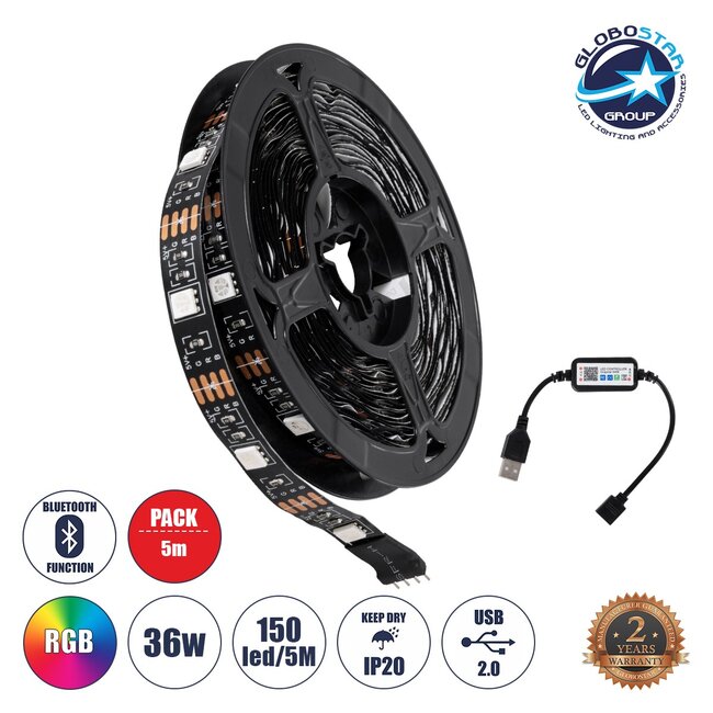 90759 Σετ RGB Ταινίας με Λειτουργία μέσω WiFi APP LED 36W/5m 2880lm/m 120° DC 5V με USB 2.0 IP20 150 x SMD 5050 Chip/5m  Πολύχρωμο RGB Dimmable - Μ500 x Π1 x Υ0.2cm - Ρολό 5 Μέτρων - 5 Χρόνια Εγγύηση