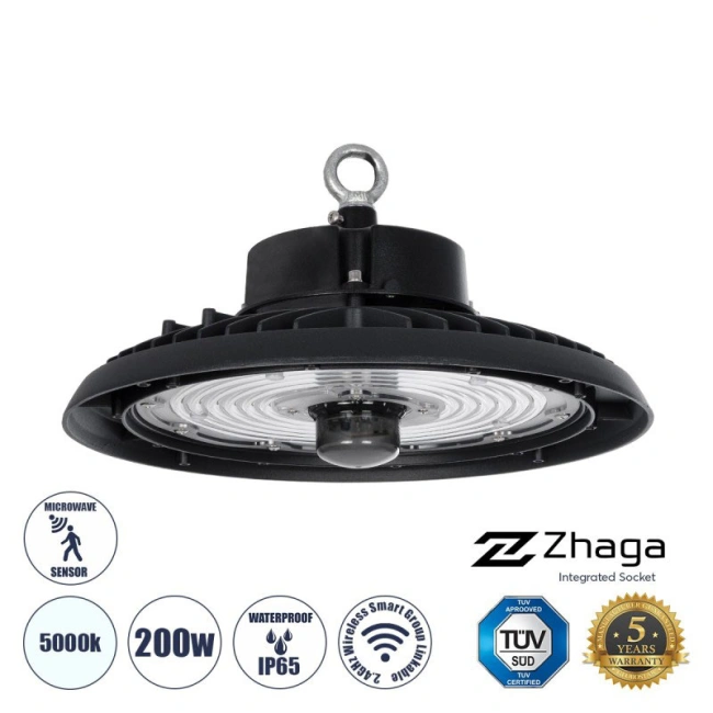 INDUSTRY 61706 Βιομηχανικό Φωτιστικό Καμπάνα High Bay UFO Τεχνολογίας Smart Group Linkable Control System 2.4Ghz με Αισθητήρα Κίνησης Microwave LED 200W 30000lm SDCM<5 90° AC 85-265V Αδιάβροχο IP65 IK08 Μαύρο Χυτό Αλουμίνιο - Φυσικό Λευκό 5000K - 338 x Sanan Opto SMD Chip & TÜV SÜD Driver