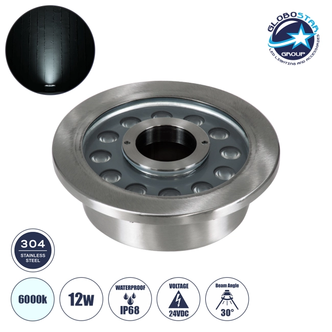 UNDERWATER-DENIS 90439 Υποβρύχιο Χωνευτό Φωτιστικό Σποτ Ειδικό για Σιντριβάνια - Πισίνες - Τζακούζι LED 12W 1200lm 30° DC 24V Αδιάβροχο IP68 Φ19.5 x Υ7.5cm Ψυχρό Λευκό 6000K - Ανοξείδωτο Ατσάλι SS304 - 3 Years Warranty