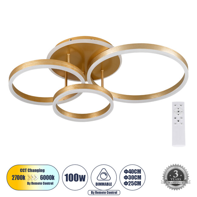 VENOM 61125 Φωτιστικό Οροφής Δαχτυλίδι-Κύκλος LED CCT 100W 12100lm 360° AC 220-240V - Εναλλαγή Φωτισμού μέσω Τηλεχειριστηρίου All In One Ψυχρό 6000k+Φυσικό 4500k+Θερμό 2700k Dimmable Φ25+30+40cm+BackLight Base - Χρυσό Βούρτσας