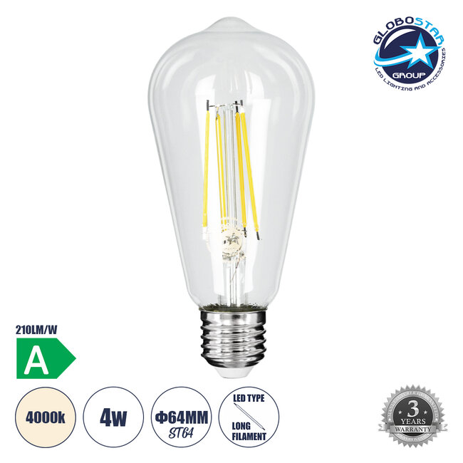 99094 Λάμπα LED Long Filament E27 ST64 Αχλάδι 4W 840lm 360° AC 220-240V IP20 Φ6.4 x Υ14.5cm Φυσικό Λευκό 4000K με Διάφανο Γυαλί - Pro Series 210lm/W - A Ενεργειακή Κλάση - 3 Χρόνια Εγγύηση