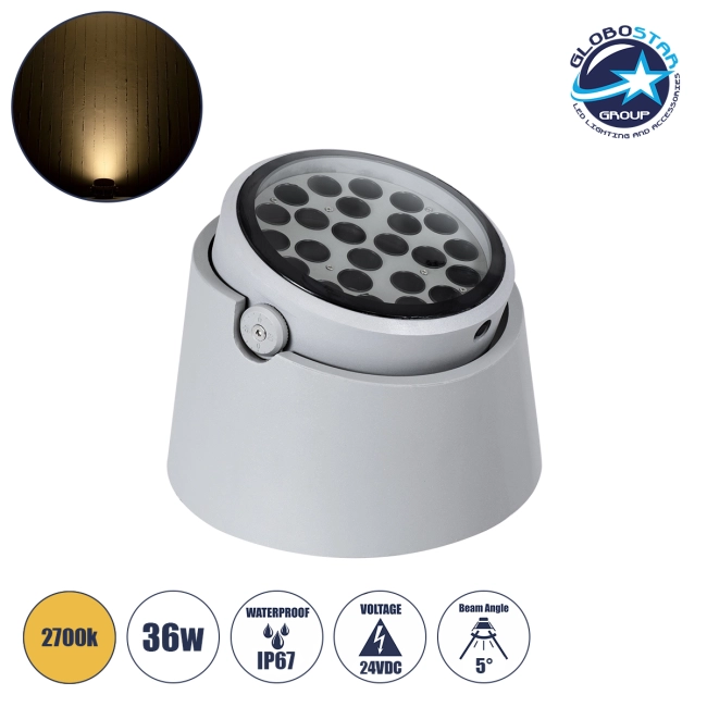 FLOODRANA 90489 Κινούμενος Προβολέας Σποτ Wall Washer LED 36W 3240lm 5° DC 24V Αδιάβροχο IP67 Θερμό Λευκό 2700K Dimmable - Bridgelux SMD Chip - Γκρι - Μ26.5 x Π26.5 x Υ20cm - 3 Χρόνια Εγγύηση
