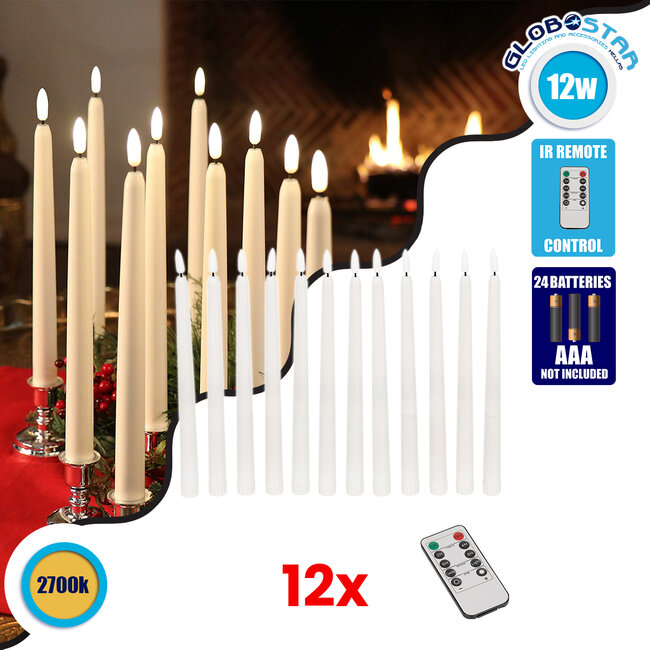 79564 ΣΕΤ 12 Διακοσμητικών Realistic Κεριών Κηροπηγίου με LED Εφέ Κινούμενης Φλόγας - Μπαταρίας & Ασύρματο Χειριστήριο IR Θερμό Λευκό 2700K Dimmable