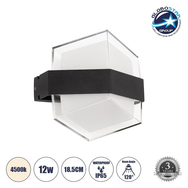 EMPIRE 60780 Μοντέρνο Φωτιστικό Τοίχου - Απλίκα LED 12W 1260lm 120° AC 220-240V Αδιάβροχο IP65 Φυσικό Λευκό 4500K - Bridgelux SMD Chip & TÜV SÜD Driver - Μαύρο Ματ - Μ18.5 x Π17 x Υ10cm - 3 Χρόνια Εγγύηση