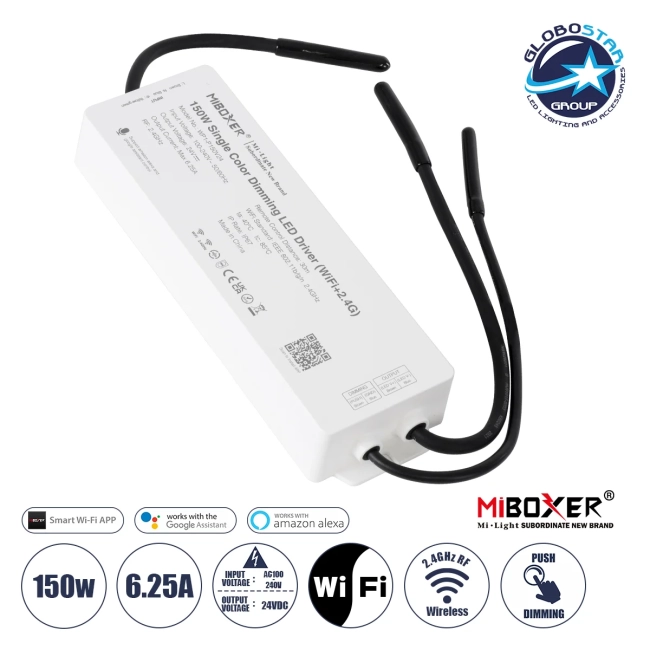 MiBOXER-WP1-P150V24 71438 DC Smart Wifi & RF 2.4Ghz & Push Dimming Power Supply Τροφοδοτικό SELV & Controller / Dimmer All in One AC100-240V σε DC 24V 1 x 6.25A 150W - Max 6.25A 150W - Αδιάβροχο IP67 Μ22.5 x Π7 x Υ3.5cm - 3 Years Warranty MiBOXER-WP1-P150V24 71438 DC Smart Wifi & RF 2.4Ghz & Push Dimming Power Supply Τροφοδοτικό SELV & Controller / Dimmer All in One AC100-240V σε DC 24V 1 x 6.25A 150W - Max 6.25A 150W - Αδιάβροχο IP67 Μ22.5 x Π7 x Υ3.5cm - 3 Years Warranty