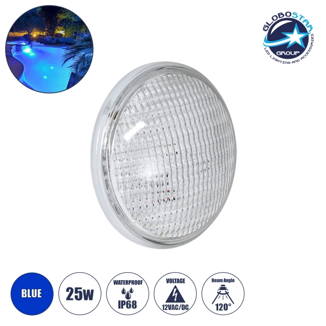 POOLANO 61536 Λάμπα LED Σποτ Πισίνας GX16D PAR56 25W 1750lm 120° AC/DC 12V Αδιάβροχο IP68 IK06 Tempered Glass Φ18 x Υ10cm Μπλε - Bridgelux Chip - 3 Years Warranty