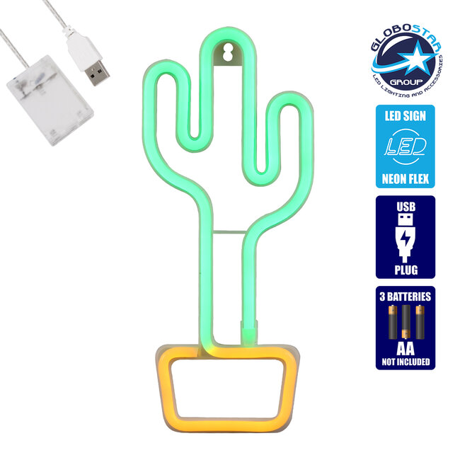 78574 Φωτιστικό Ταμπέλα Φωτεινή Επιγραφή NEON LED Σήμανσης CACTUS 5W με Καλώδιο Τροφοδοσίας USB - Μπαταρίας 3xAAA (Δεν Περιλαμβάνονται) - Πράσινο - Κίτρινο