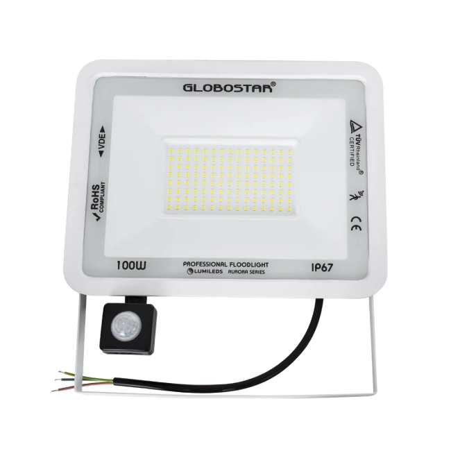  AURORA 61444 Προβολέας με Ανιχνευτή PIR / Αισθητήρα Κίνησης LED 100W 12500lm 120° AC 220-240V Αδιάβροχο IP67 Ψυχρό Λευκό 6000K - Lumileds SMD Chip - TÜV Rheinland Certified - Λευκό Ματ - Μ25 x Π6.5 x Υ27.5cm - 3 Χρόνια Εγγύηση
