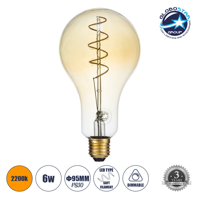 99164 Λάμπα LED Soft S Spiral Filament E27 PS30 CHERRY Γλόμπος 4W 280lm 360° AC 220-240V IP20 Φ9.5 x Υ13.4cm Ultra Θερμό Λευκό 2200K με Μελί Γυαλί Dimmable - 3 Χρόνια Εγγύηση