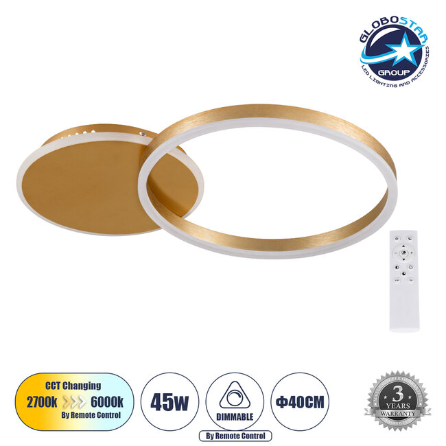 VENOM 61119 Φωτιστικό Οροφής Δαχτυλίδι-Κύκλος LED CCT 45W 5445lm 360° AC 220-240V - Εναλλαγή Φωτισμού μέσω Τηλεχειριστηρίου All In One Ψυχρό 6000k+Φυσικό 4500k+Θερμό 2700k Dimmable Φ40cm+BackLight Base - Χρυσό Βούρτσας - 3 Years Warranty