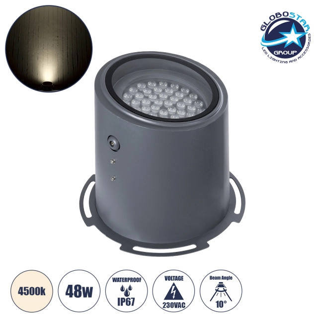 FLOOD-MILO 90741 Κινούμενος Προβολέας - Σποτ Φωτισμού Wall Washer για Φωτισμό Κτιρίων LED 48W 4560lm 10° AC 220-240V Αδιάβροχο IP67 Φ26 x Υ30cm Φυσικό Λευκό 4500K - Γκρι Ανθρακί - 3 Χρόνια Εγγύηση