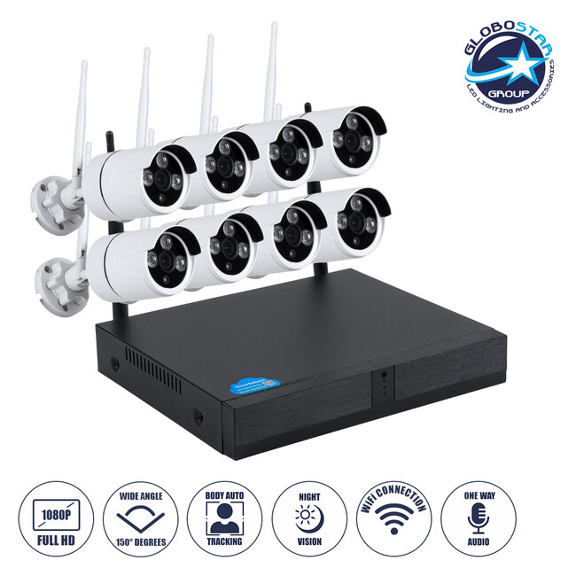 86038 Ασύρματο Καταγραφικό με 8 x Camera 2MP 1080P WiFi  150° Μοιρών - Αδιάβροχο IP66 - Νυχτερινή Όραση με LED IR - Μονή Κατέυθυνση Ομιλίας - Ανιχνευτή Κίνησης - Νυχτερινή Λήψη - Λευκό